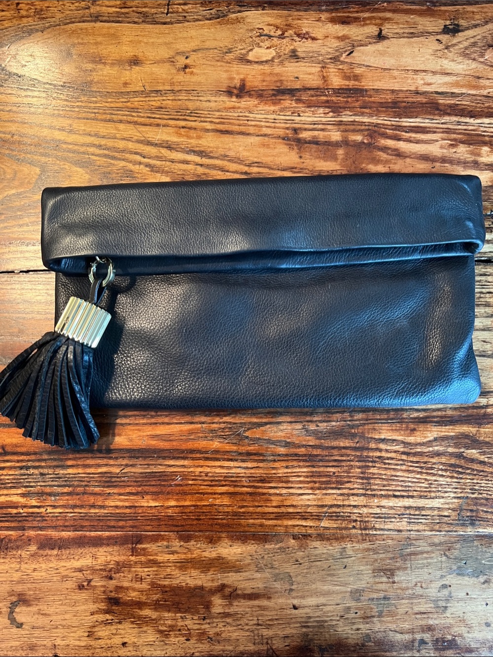 India Hicks Carmen Black Fold-Over Leather Clutch with Tassel New